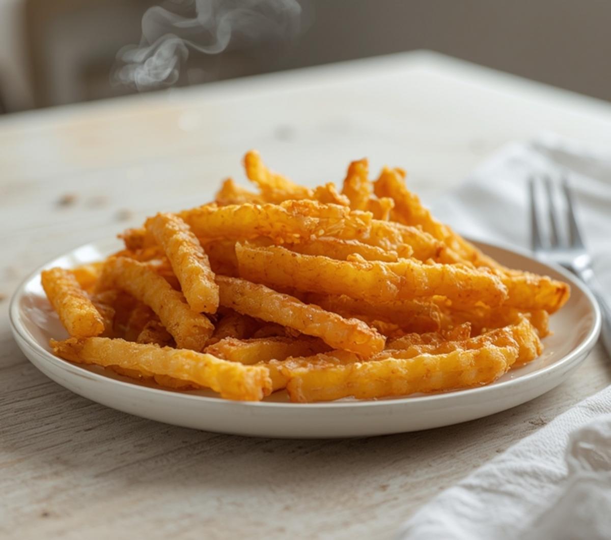 Air Fryer Crispy Waffle Fries: Golden crispy air fryer waffle fries with crisp edges on a plate for breakfast brunch.