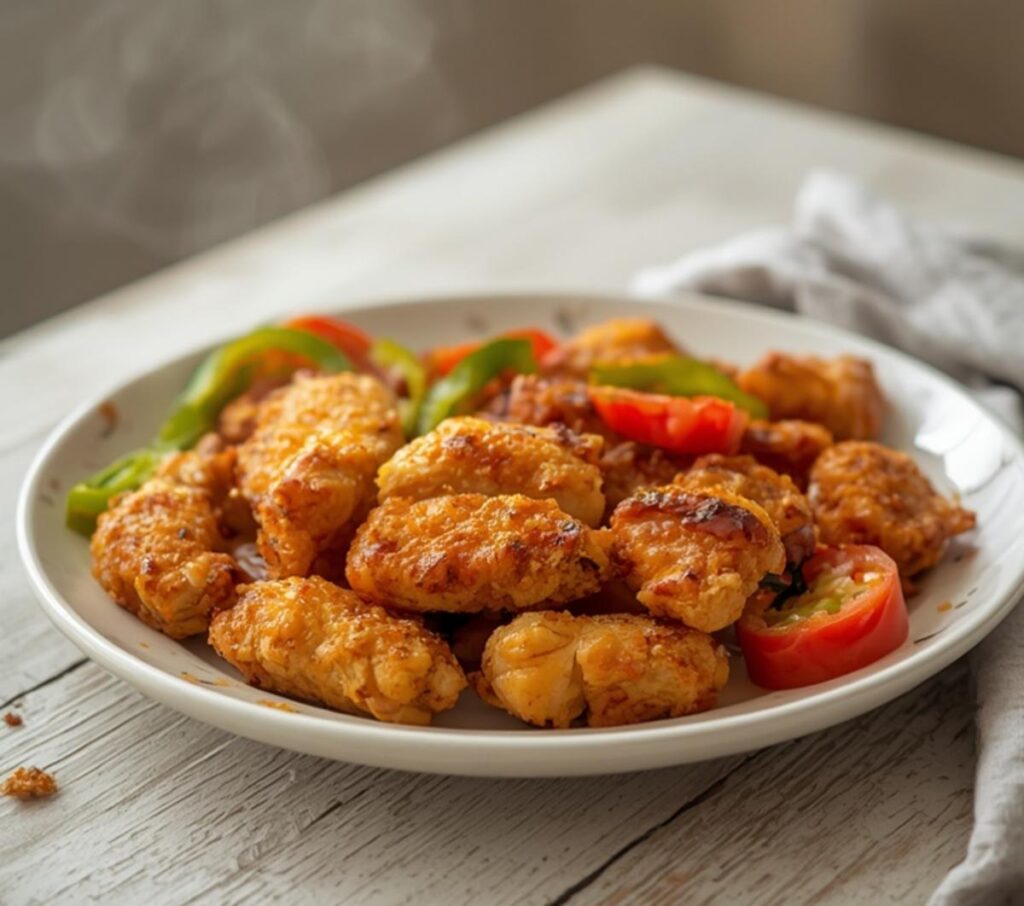Air Fryer Fajita Chicken Strips: Juicy golden Air Fryer Fajita Chicken Strips with colorful peppers and onions on a plate.