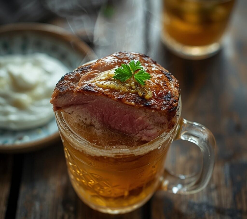 Air Fryer Garlic Butter Steak: Golden-brown air fryer garlic butter steak with glistening butter and parsley garnish on a plate.