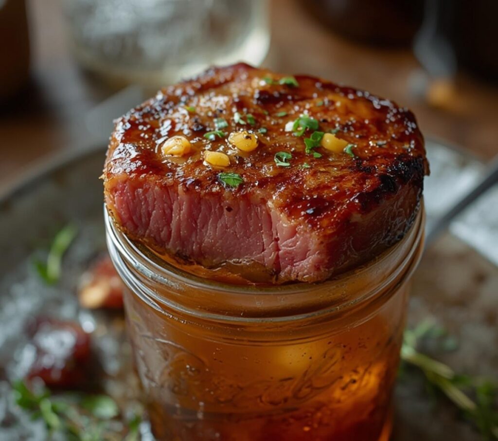 Air Fryer Garlic Herb Steak: Juicy air fryer garlic herb steak with golden crust and fresh rosemary on a plate.