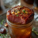 Air Fryer Garlic Herb Steak: Juicy air fryer garlic herb steak with golden crust and fresh rosemary on a plate.
