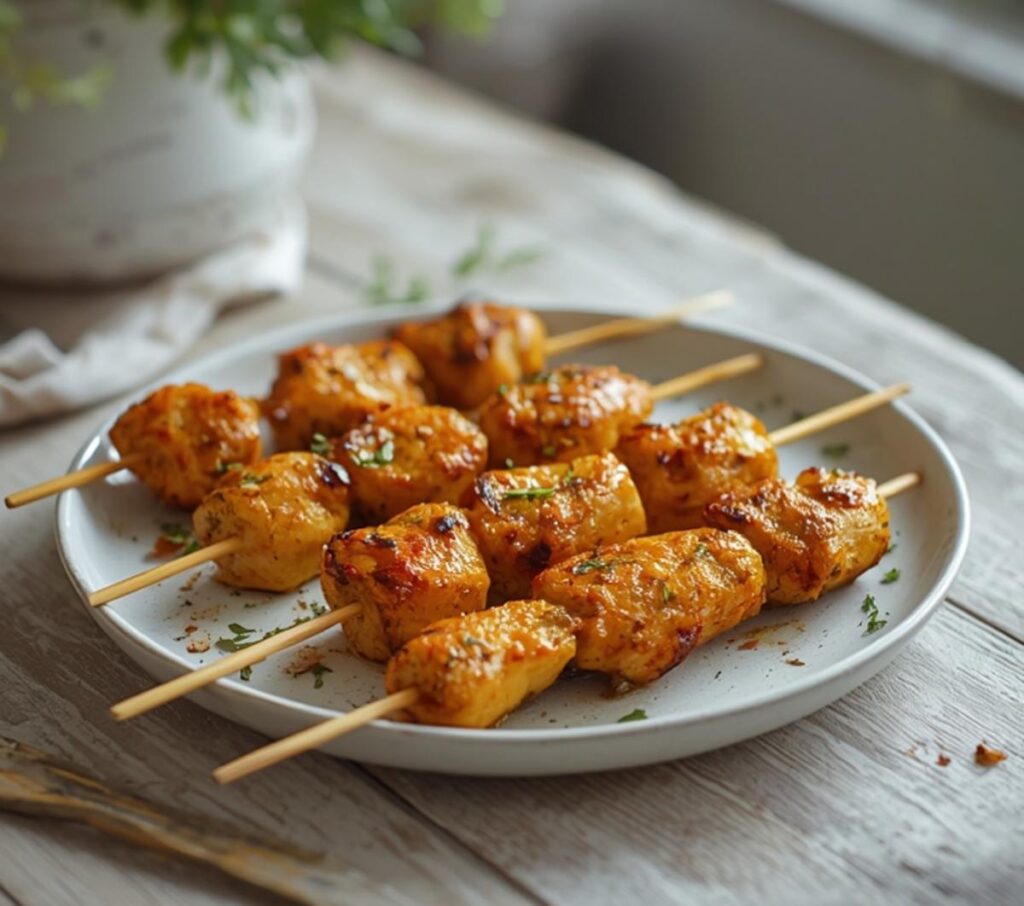 Air Fryer Greek Chicken Souvlaki: Golden air fryer Greek chicken souvlaki skewers with crispy edges and fresh herbs on a plate.