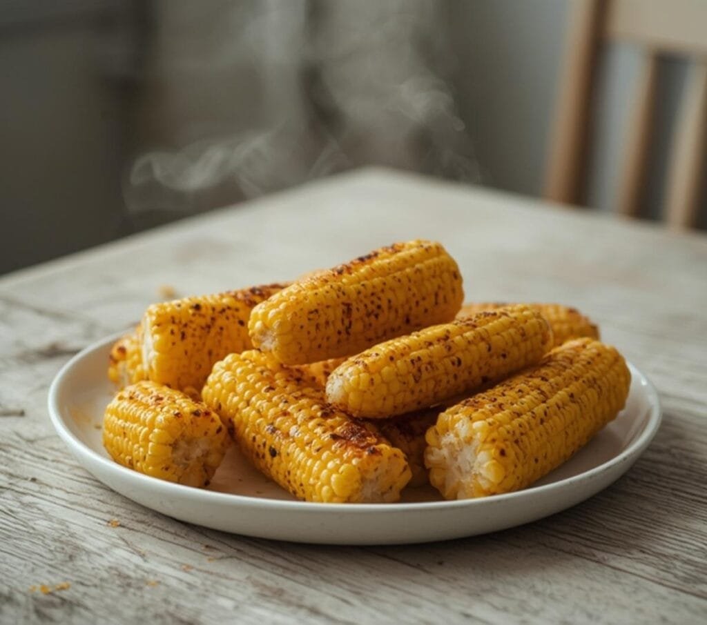 Air Fryer Grilled Summer Corn: Golden grilled summer corn in air fryer with charred edges and glistening kernels