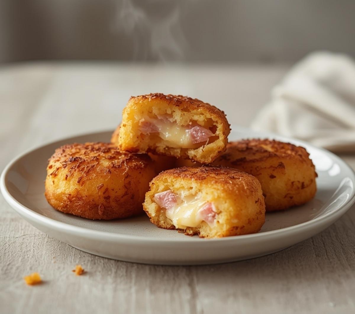 air fryer ham croquettes: Golden crispy air fryer ham croquettes with melted cheese center on a plate.