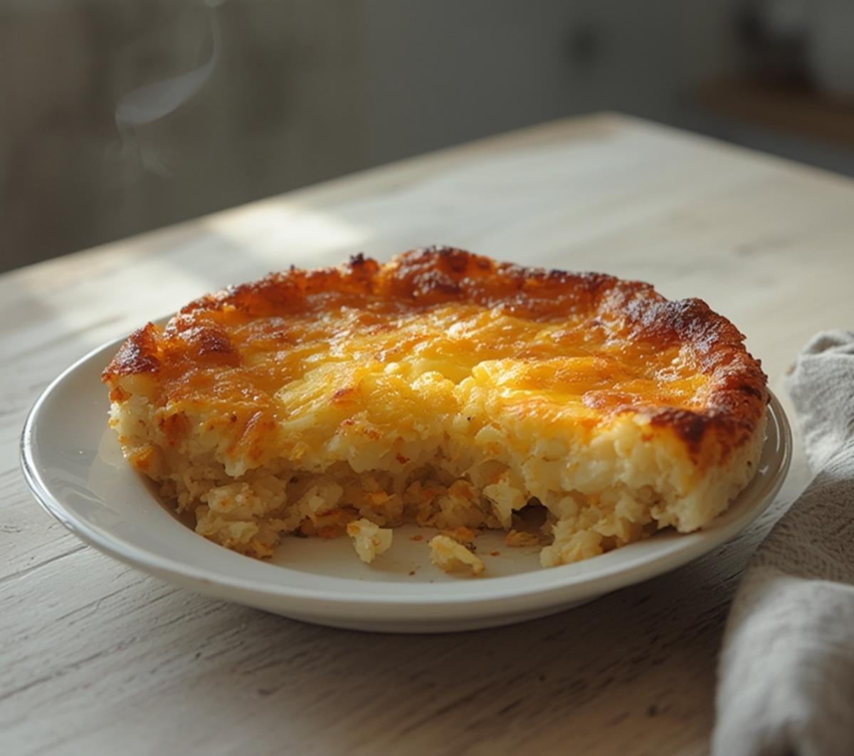 Air Fryer Hash Brown Casserole: Golden crispy air fryer hash brown casserole with melted cheese and green onion garnish on a white plate.