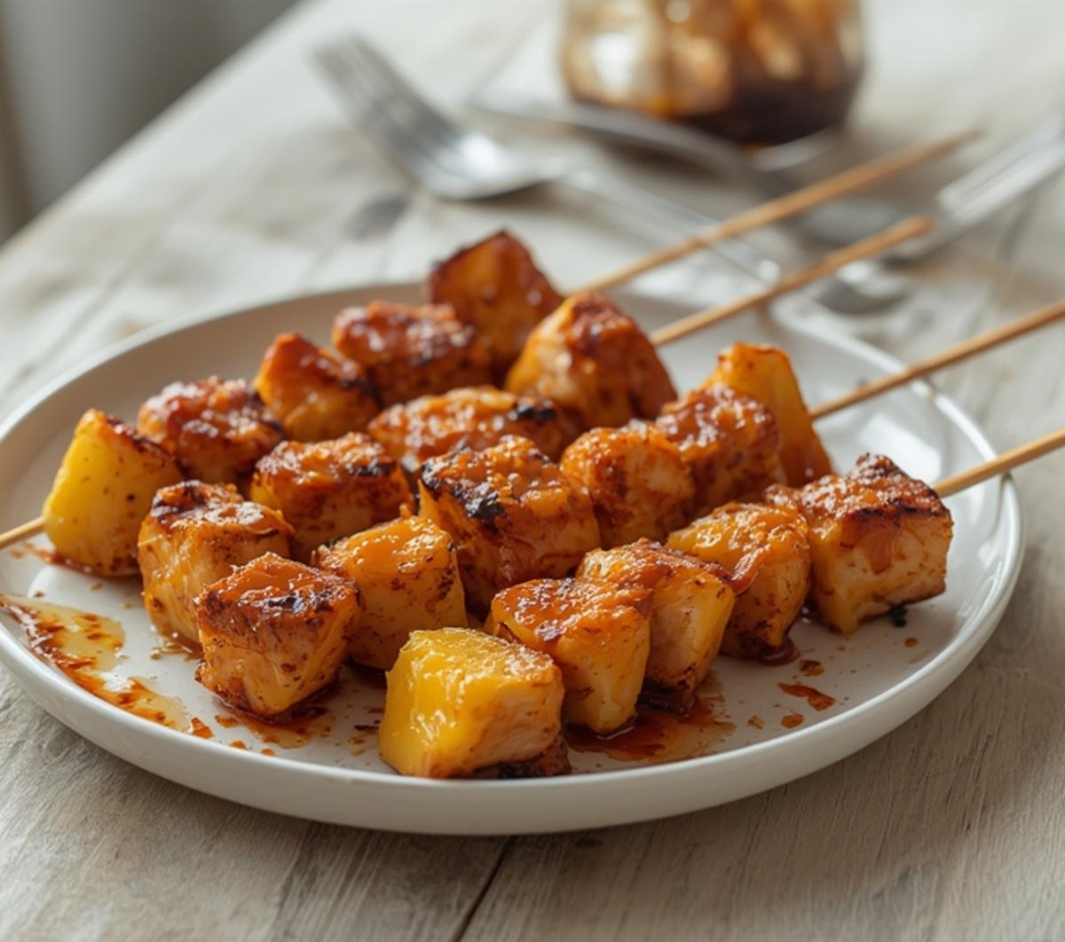 Air Fryer Hawaiian Chicken Skewers: Golden brown Hawaiian chicken skewers with pineapple chunks in an air fryer basket, glazed and caramelized.