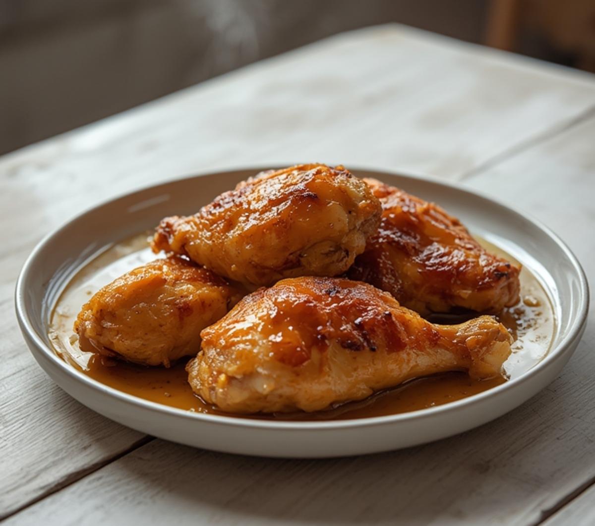 Air Fryer Honey Mustard Chicken: Golden air fryer honey mustard chicken with glazed, crispy edges on a plate.