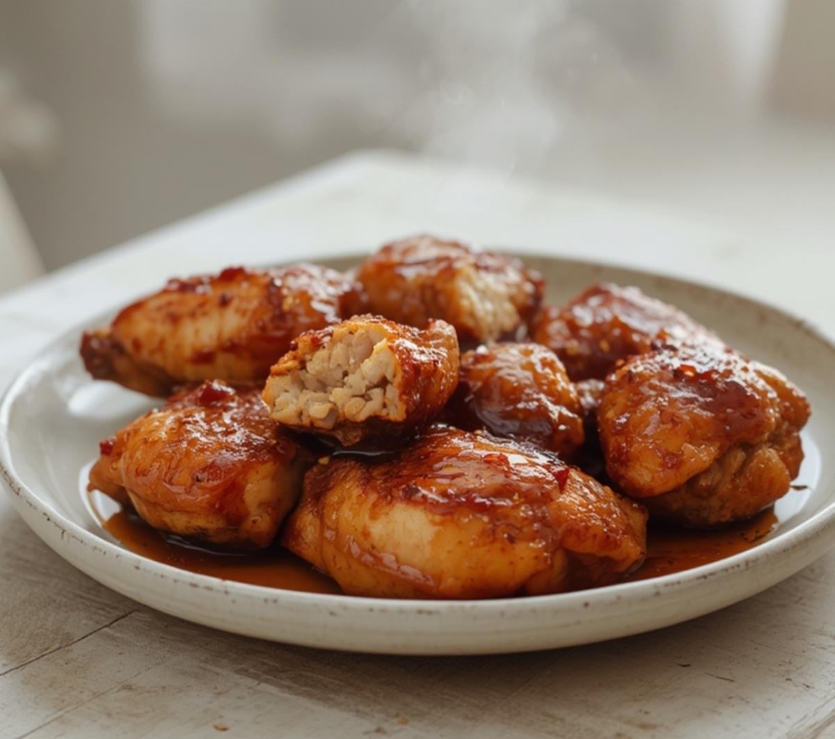 Air Fryer Honey Soy Chicken: Golden brown honey soy chicken pieces with sticky glaze in air fryer basket