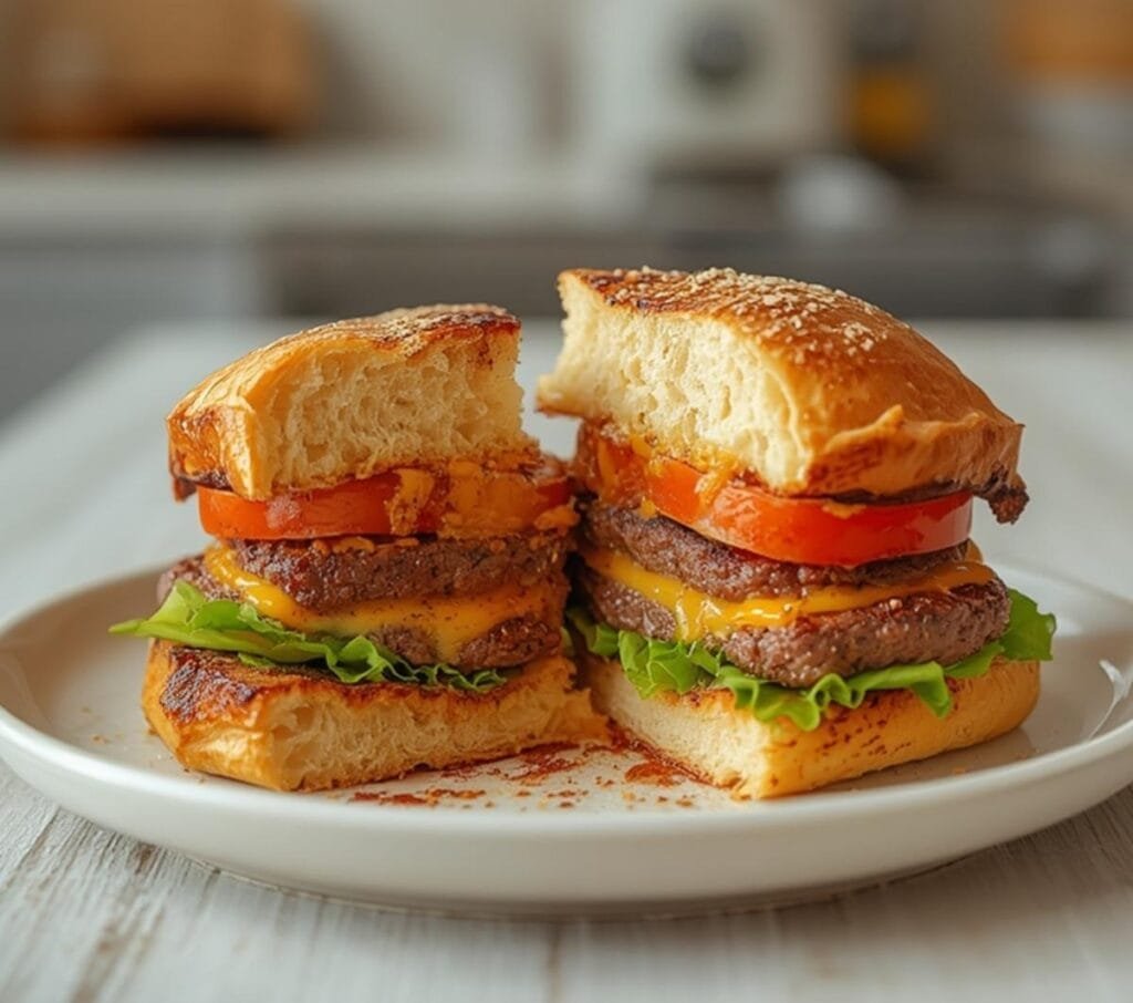 Air Fryer July 4th Burgers: Juicy air fryer July 4th burgers with melted cheese and fresh toppings on a bun.