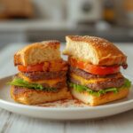 Air Fryer July 4th Burgers: Juicy air fryer July 4th burgers with melted cheese and fresh toppings on a bun.
