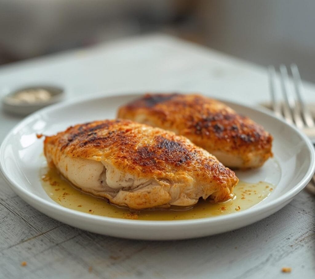 Air Fryer July 4th Chicken: Golden brown air fryer July 4th chicken breasts with a crispy, spiced crust on a festive plate.