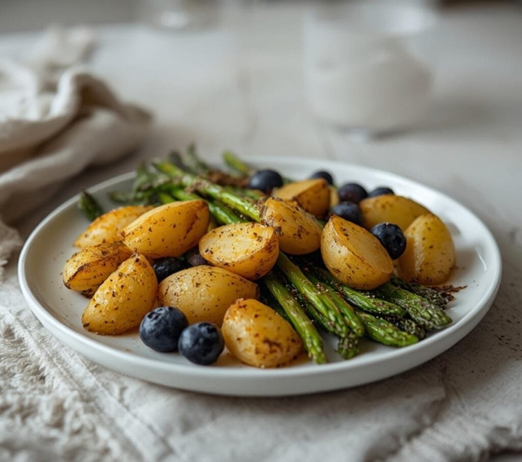 Air Fryer July 4th Sides: Golden air fryer July 4th sides with crispy potatoes and green asparagus topped with red blueberries for a festive look.