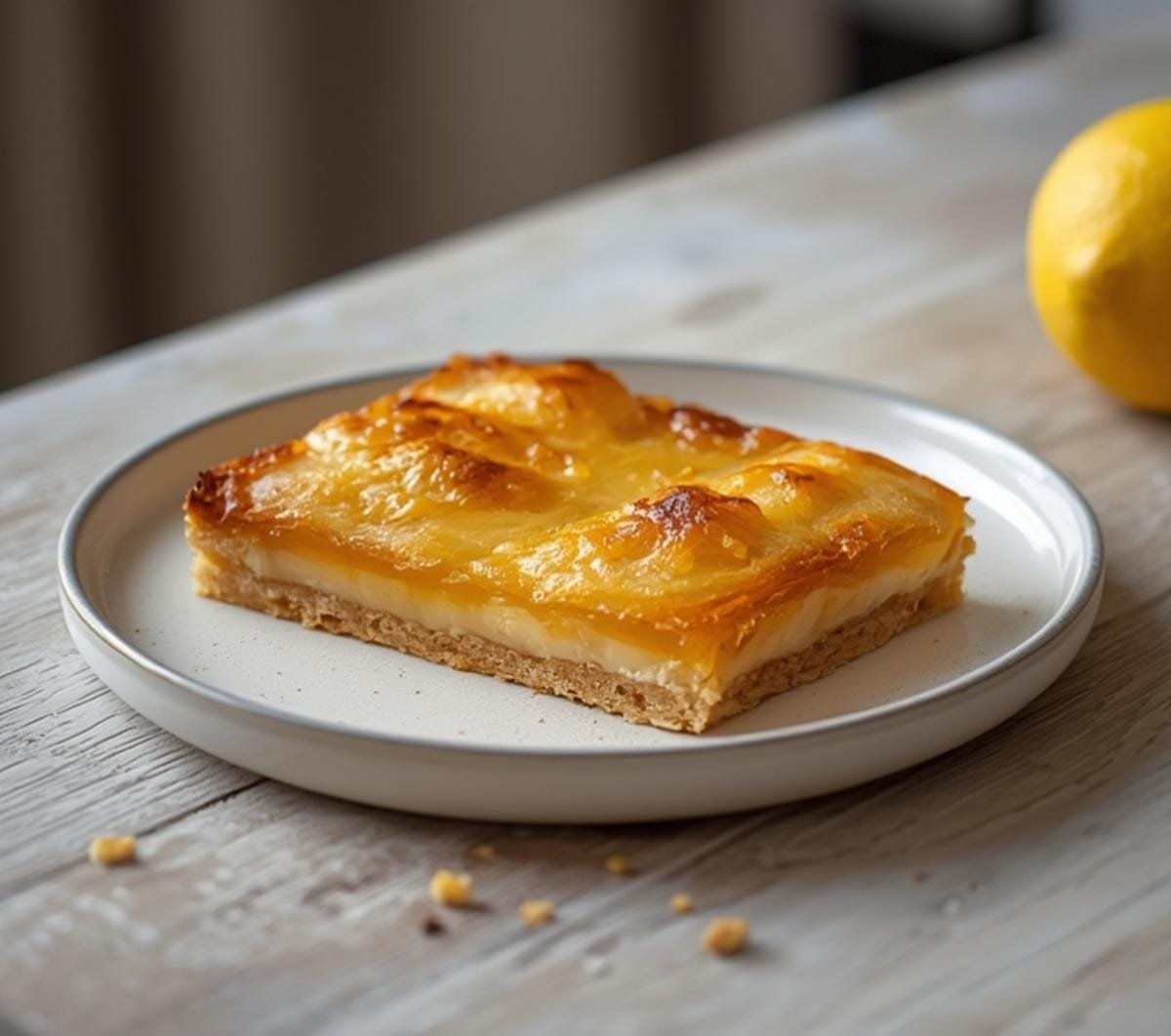 Air Fryer Lemon Bars: Golden crisp air fryer lemon bars with a tangy, glistening yellow filling on a white plate.