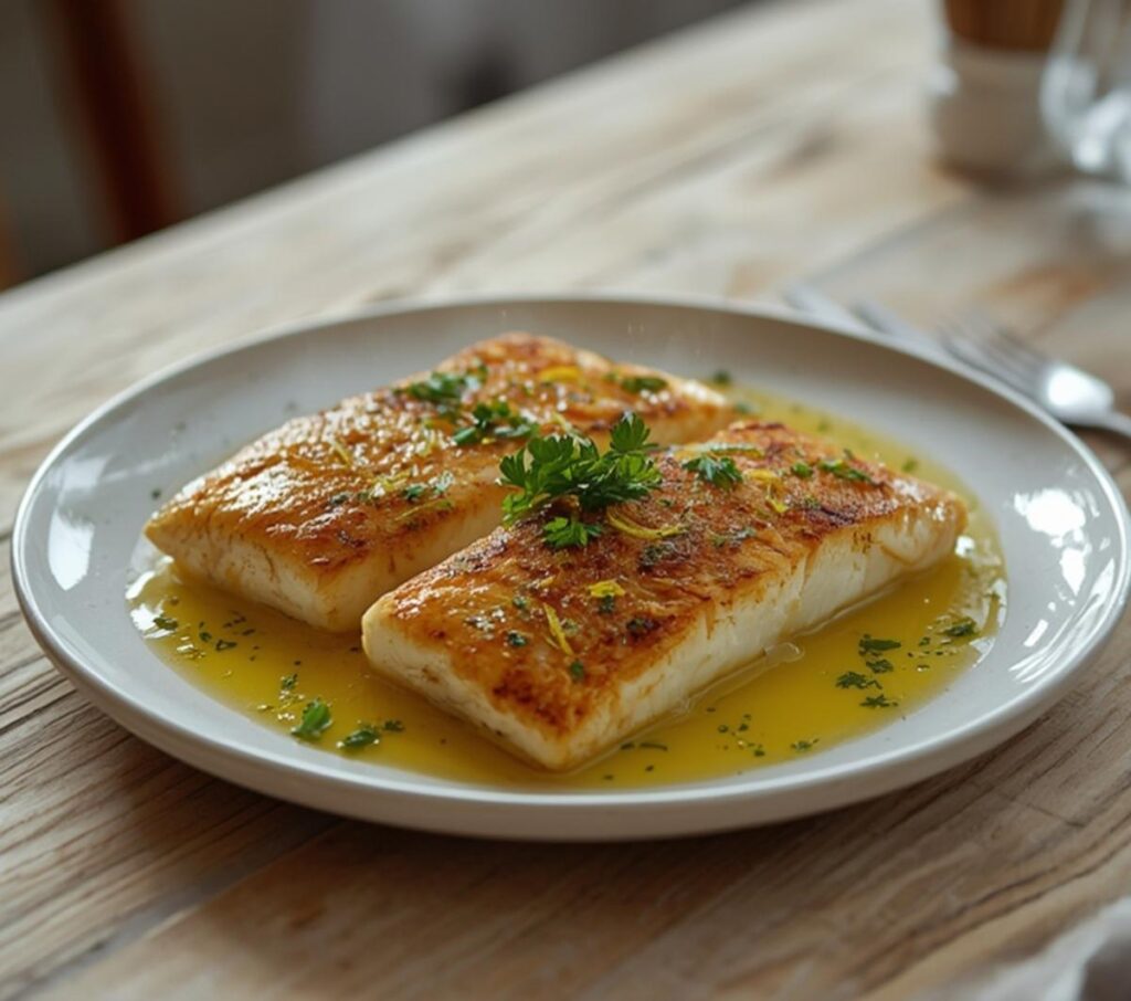 Air Fryer Lemon Garlic Cod: Golden air fryer lemon garlic cod fillets with crispy edges and fresh parsley garnish.