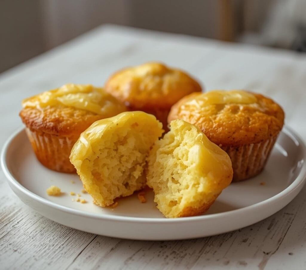 Air Fryer Lemon Muffins: Golden air fryer lemon muffins with crisp edges and zesty glaze on a wooden board.