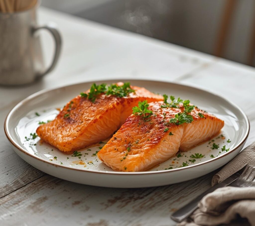 Air Fryer Lemon Pepper Salmon: Golden, flaky air fryer lemon pepper salmon with crisp edges and fresh parsley garnish on a white plate.