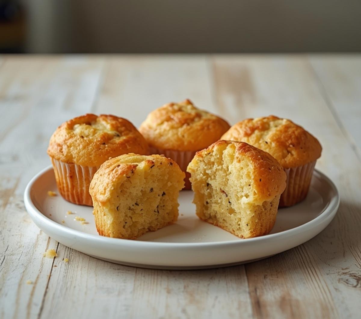 Air Fryer Lemon Poppyseed Muffins: Golden brown air fryer lemon poppyseed muffins with a tender crumb and poppyseed specks on a rustic board.