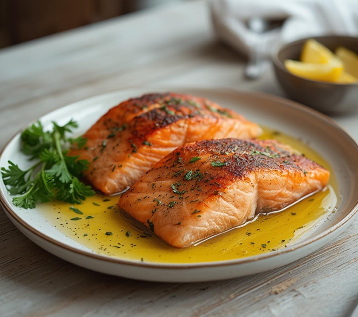 Air Fryer Mediterranean Salmon: Golden-brown air fryer Mediterranean salmon fillets with herbs and lemon, flaky and glistening.