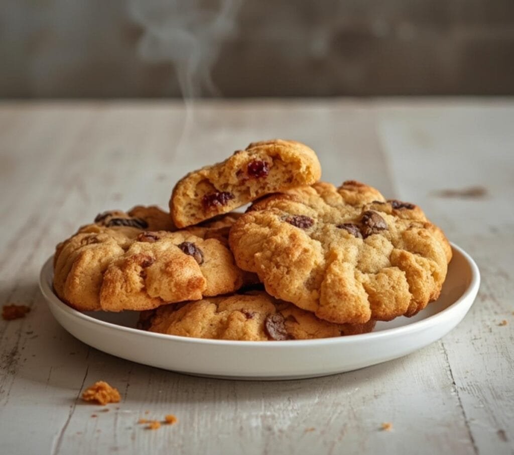 Air Fryer Oatmeal Raisin Cookies: Golden air fryer oatmeal raisin cookies with crispy edges and plump raisins on a cooling rack.