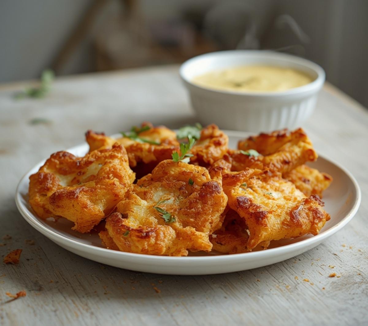 air fryer onion pakoras: Golden crispy air fryer onion pakoras with aromatic spices on a plate, perfect snack.