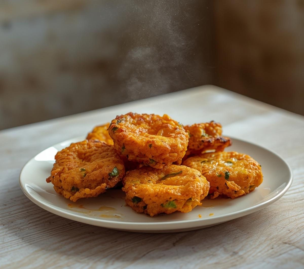 air fryer pakoras vegetable: Golden crispy air fryer vegetable pakoras on a plate with chutney, perfect Crispy Air Fryer Sides.