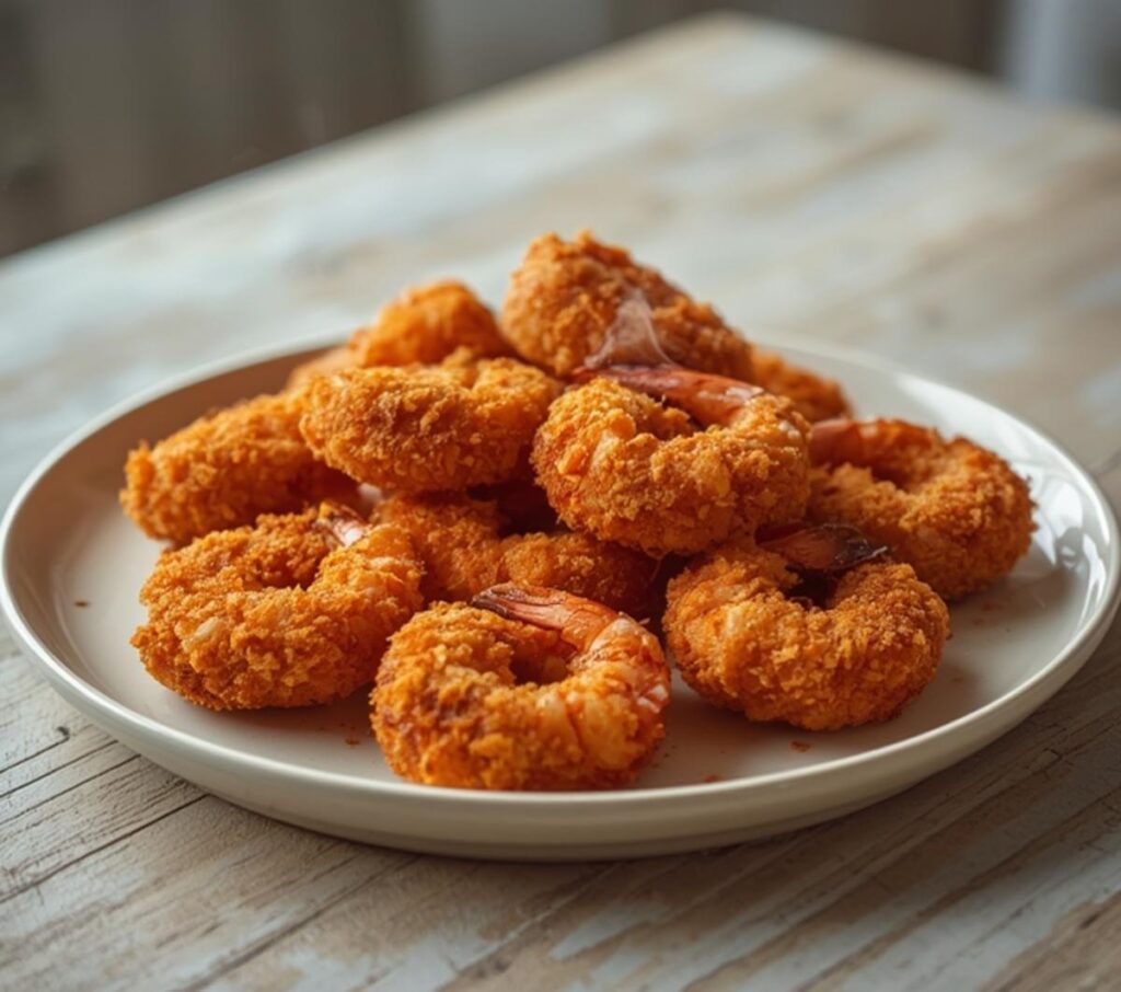 Air Fryer Panko Crusted Shrimp: Golden crispy air fryer panko crusted shrimp with crunchy texture on a plate.