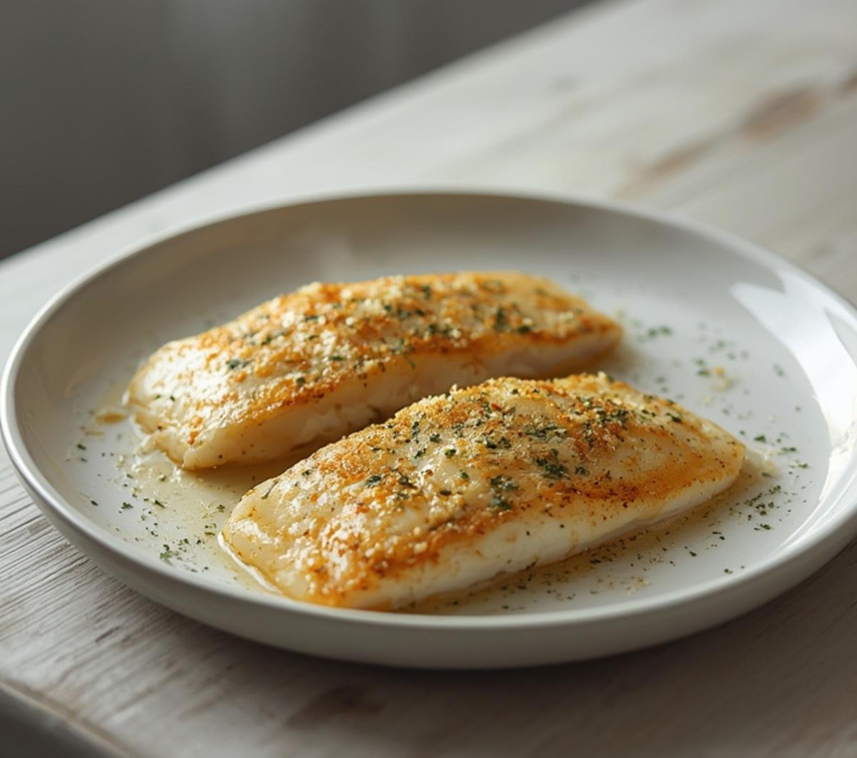 Air Fryer Parmesan Herb Tilapia: Golden air fryer parmesan herb tilapia fillets with a crispy crust on a white plate.