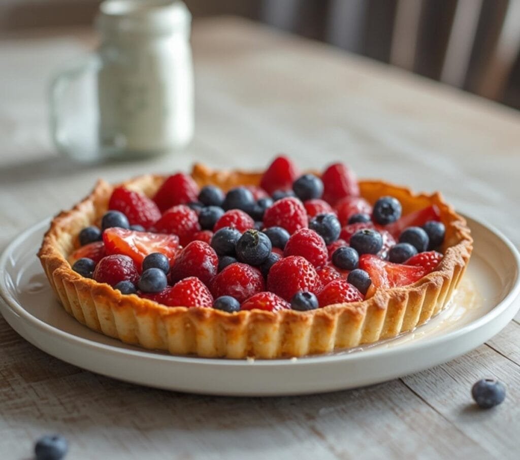 Air Fryer Patriotic Berry Tart: Golden patriotic berry tart in air fryer with red, white, and blue fruit and crisp crust.