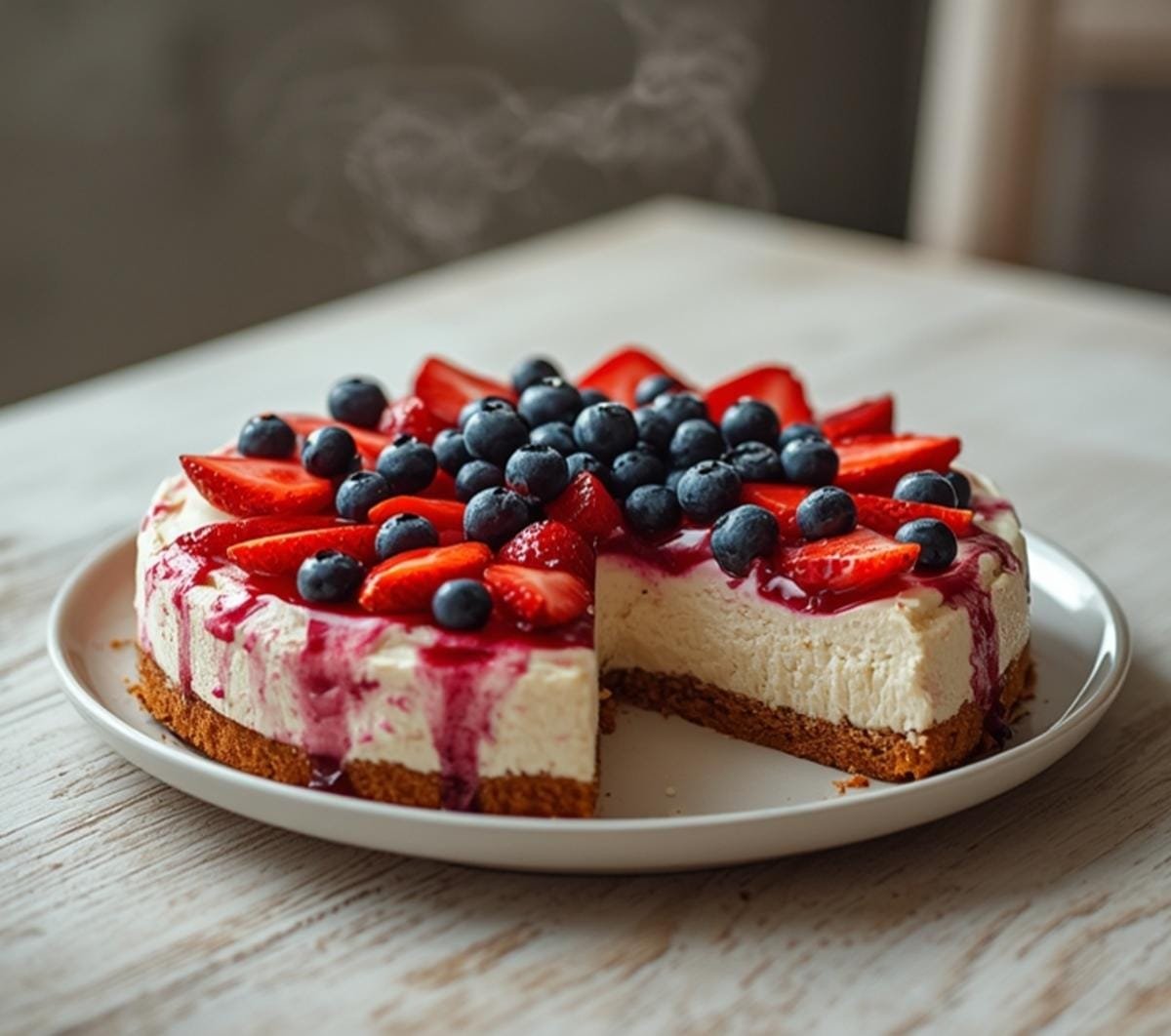 Air Fryer Patriotic Cheesecake: Creamy Air Fryer Patriotic Cheesecake topped with red strawberries and blue blueberries on a graham crust, perfect for brunch.