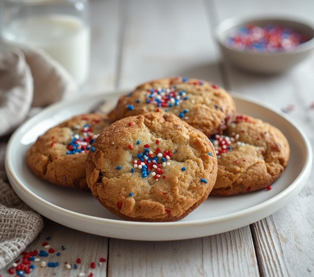 Air Fryer Patriotic Cookies: Golden brown cookies with red and blue sprinkles on a plate, perfect for Air Fryer Patriotic Cookies.