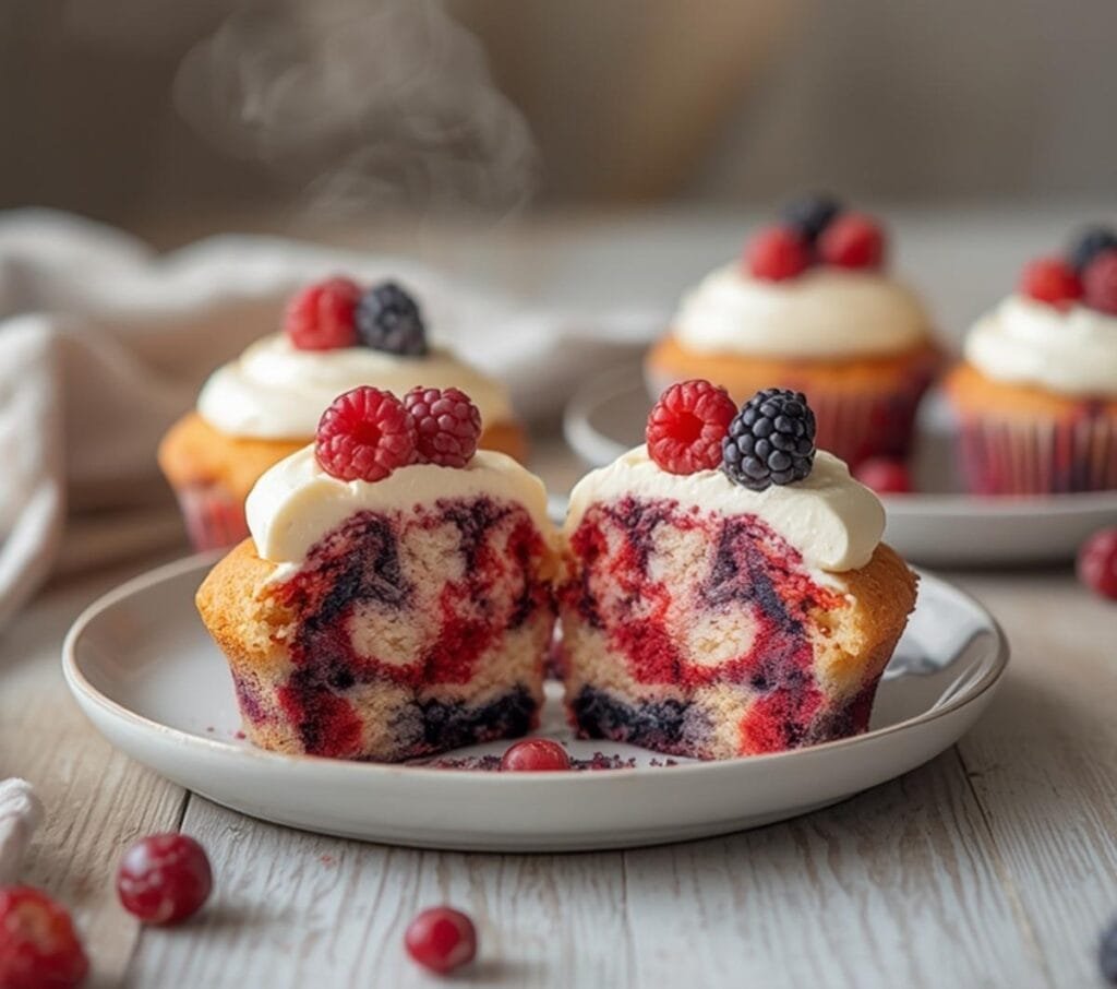 Air Fryer Patriotic Cupcakes: Air Fryer Patriotic Cupcakes with red and blue swirls and white frosting topped with berries.