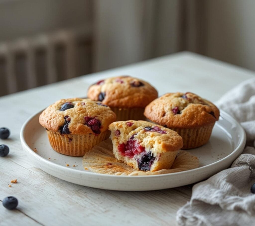 Air Fryer Patriotic Muffins: Golden Air Fryer Patriotic Muffins with red strawberries and blue blueberries on a rustic table.