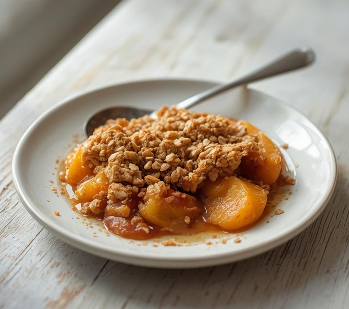Air Fryer Peach Crisp: Golden air fryer peach crisp with bubbling peach filling and crispy oat topping in a dish