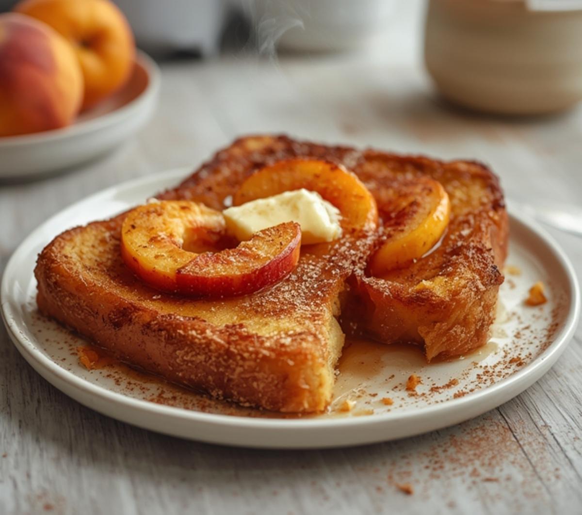 Air Fryer Peach French Toast: Golden Air Fryer Peach French Toast with juicy peach slices and caramelized edges on a plate.