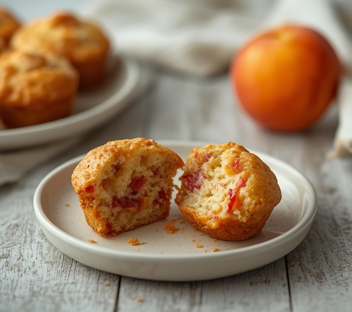 Air Fryer Peach Muffins: Golden air fryer peach muffins with juicy peach pieces on top, perfect for Air Fryer Baking Sweets.