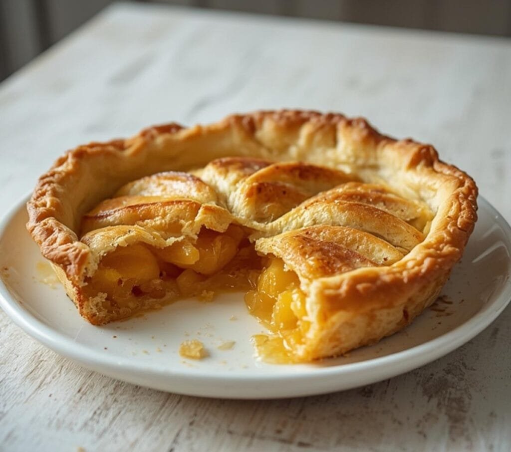 Air Fryer Peach Pie: Golden crispy Air Fryer Peach Pie with bubbly peach filling on a plate.