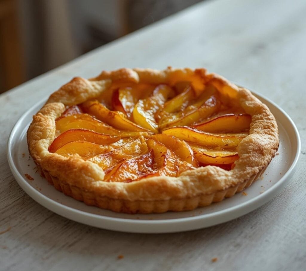 Air Fryer Peach Tart: Golden air fryer peach tart with flaky crust and caramelized peaches on top.