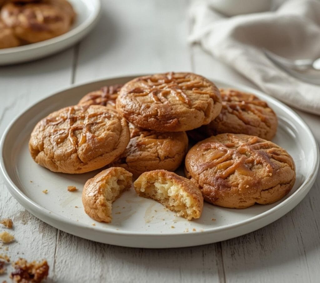 Air Fryer Peanut Butter Cookies: Golden brown Air Fryer Peanut Butter Cookies with crisp edges and crisscross pattern.
