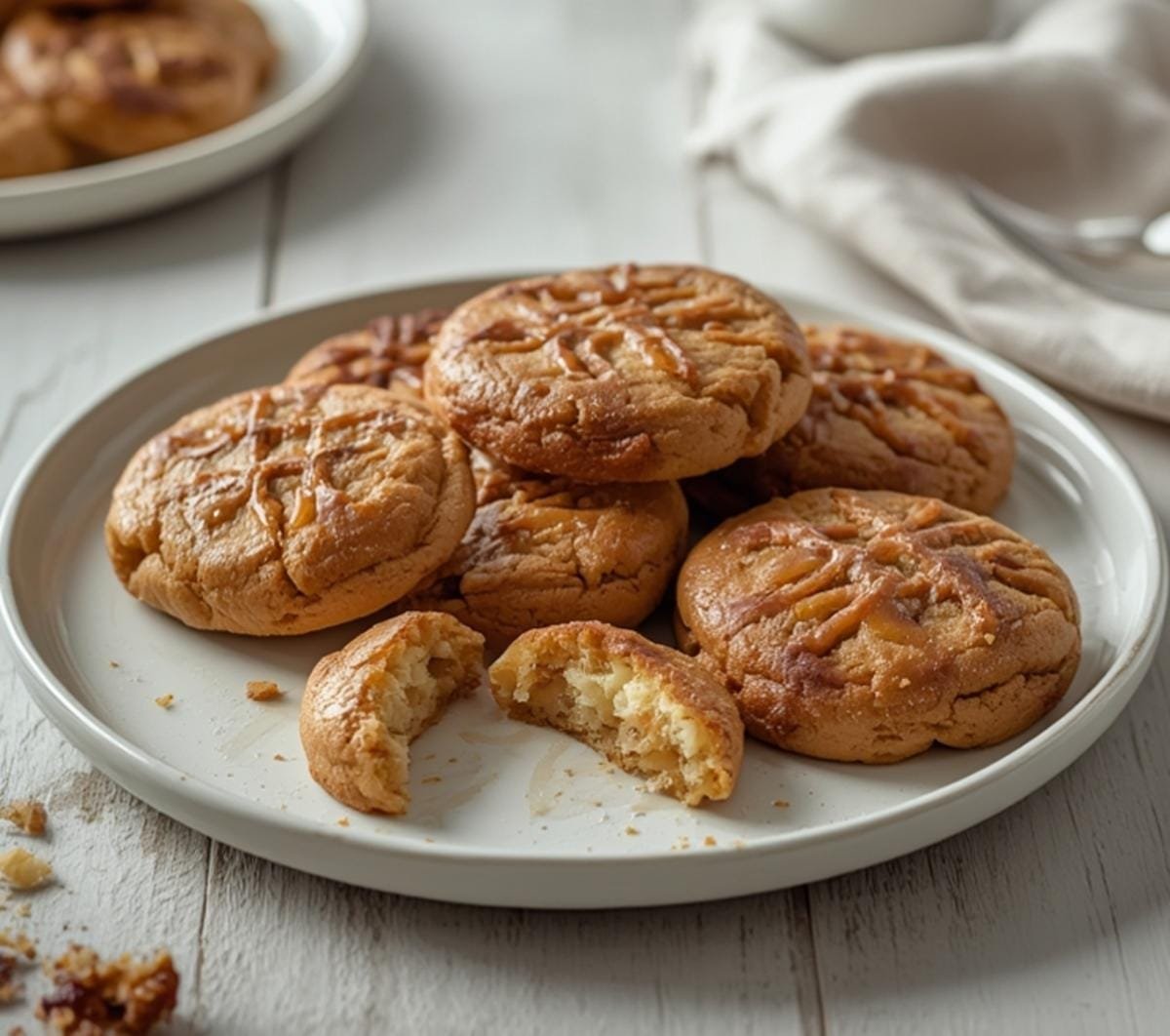 Air Fryer Peanut Butter Cookies: Golden brown Air Fryer Peanut Butter Cookies with crisp edges and crisscross pattern.