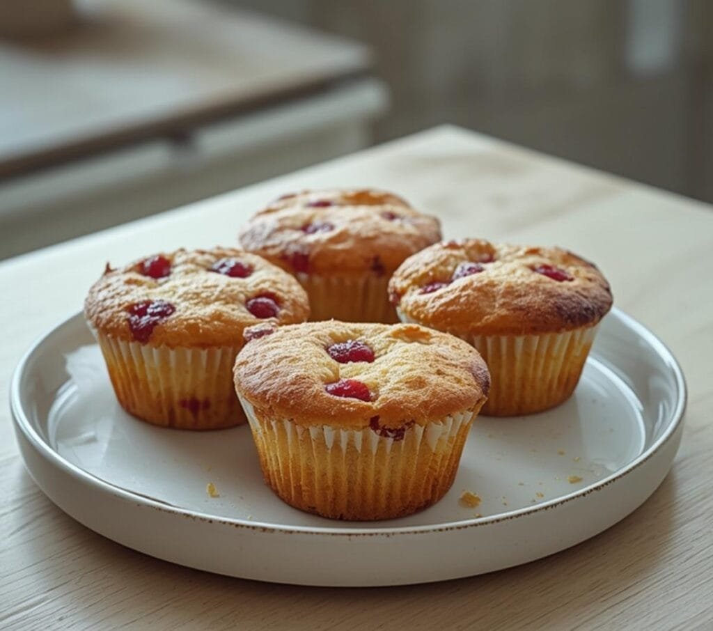 Air Fryer Raspberry Muffins: Golden air fryer raspberry muffins with ruby-red berries on a rustic board.