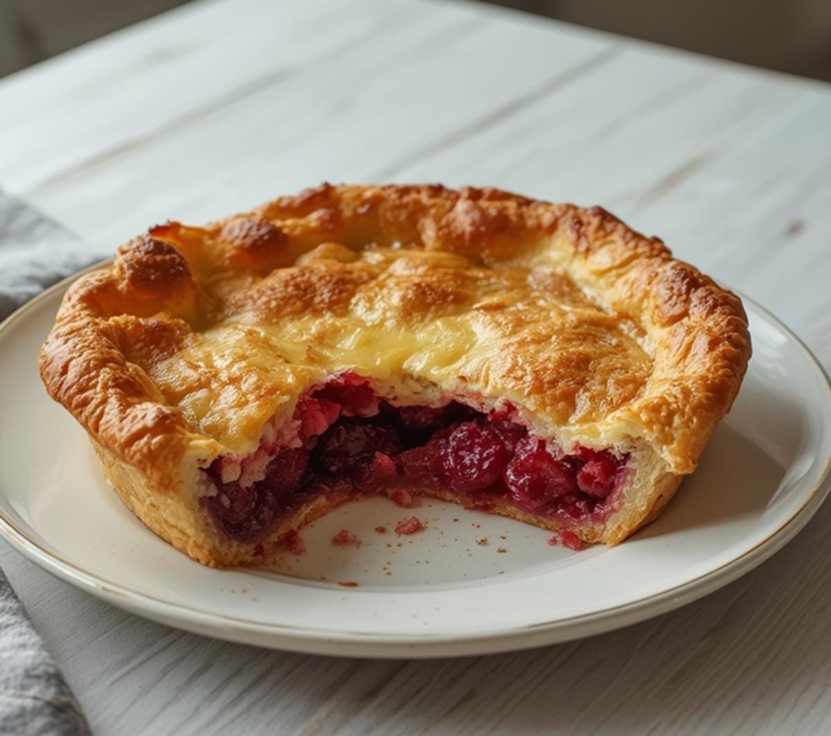 Air Fryer Raspberry Pie: Golden air fryer raspberry pie with flaky crust and ruby-red bubbling filling on a rustic plate.