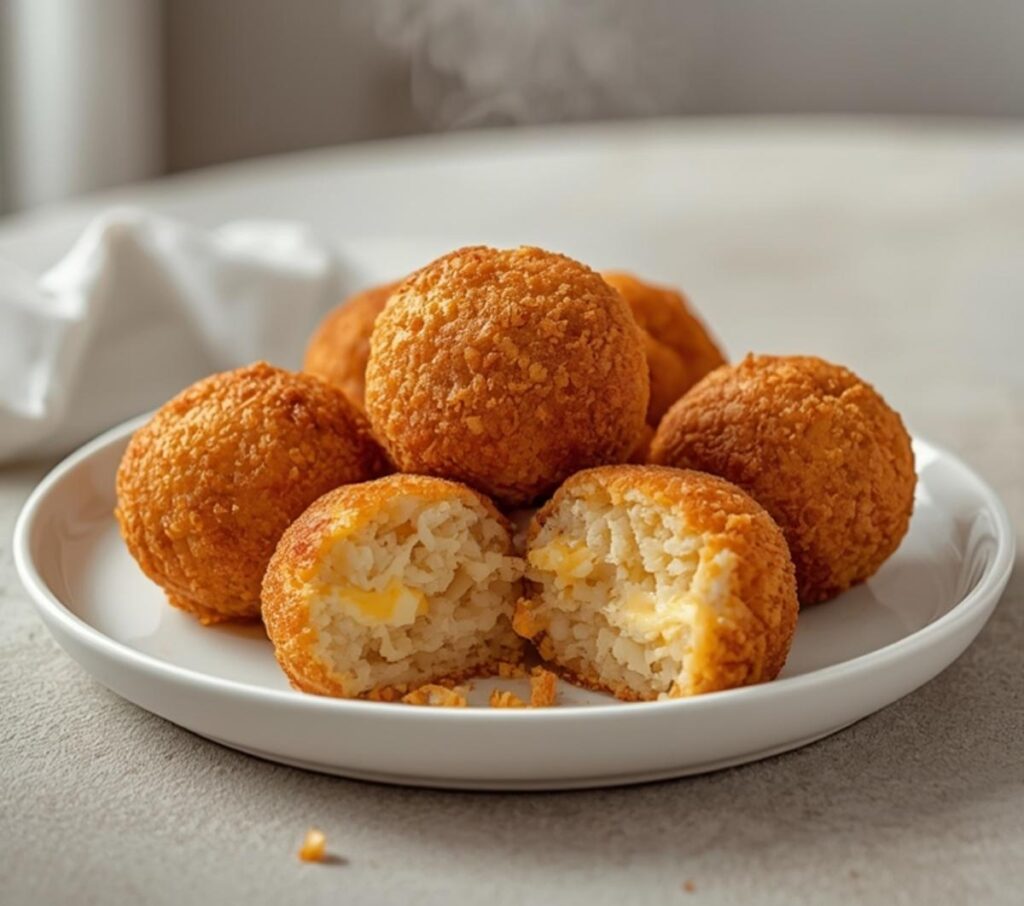 air fryer rice balls: Golden crispy air fryer rice balls with a crunchy panko coating on a plate, perfect for snacking.