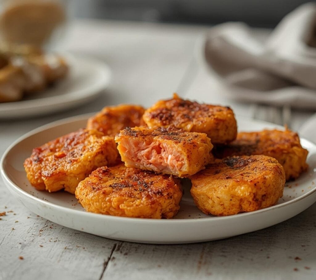 Air Fryer Salmon Bites: Golden air fryer salmon bites with crisp edges and flaky interior on a plate, perfect for dinner.