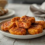 Air Fryer Salmon Bites: Golden air fryer salmon bites with crisp edges and flaky interior on a plate, perfect for dinner.