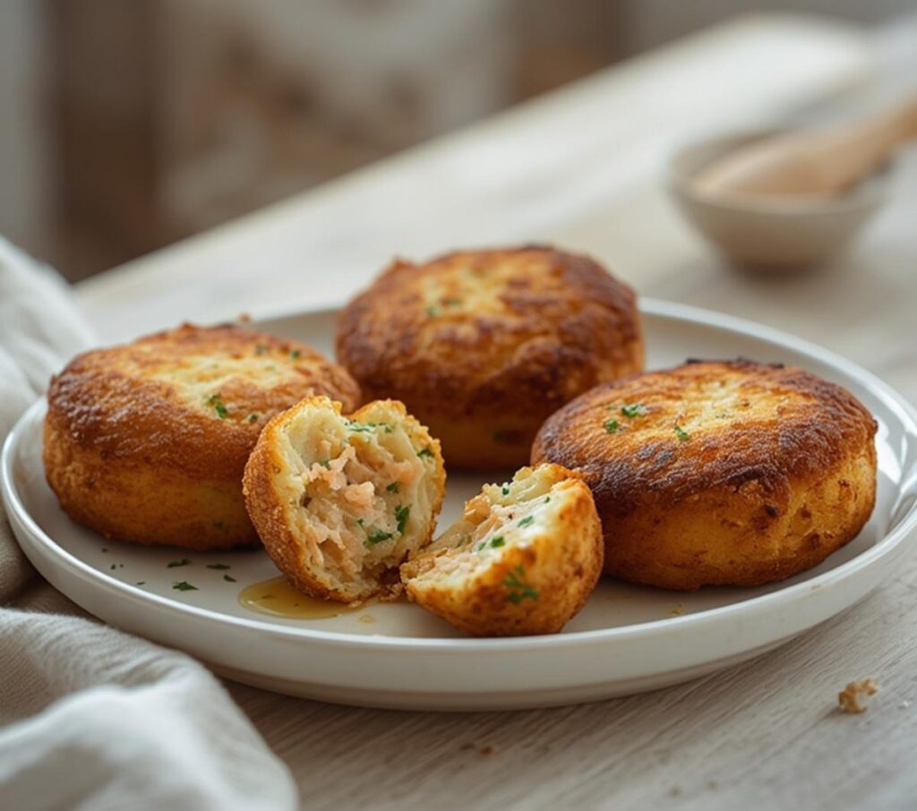 air fryer salmon croquettes: Golden crispy air fryer salmon croquettes on a white plate with fresh dill garnish.