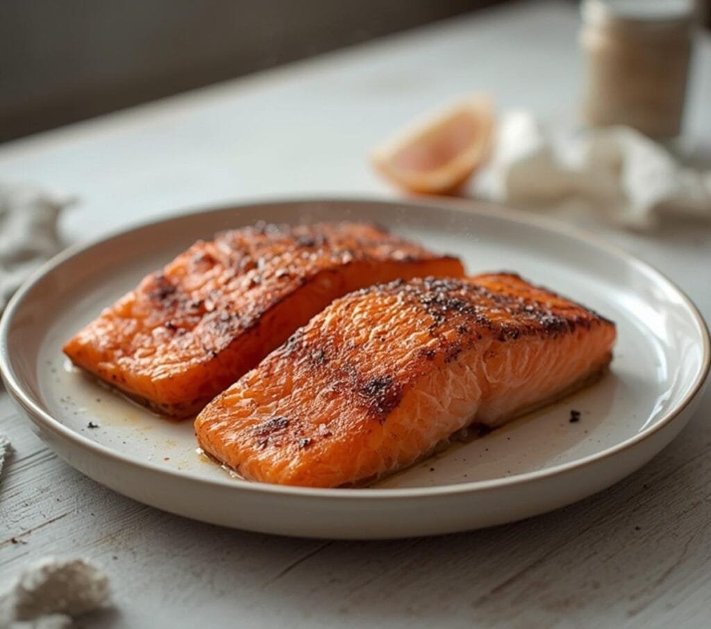 Air Fryer Salmon Fillets: Golden-brown air fryer salmon fillets with crispy edges and a juicy, flaky interior on a plate.