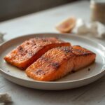Air Fryer Salmon Fillets: Golden-brown air fryer salmon fillets with crispy edges and a juicy, flaky interior on a plate.