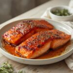 Air Fryer Salmon Teriyaki: Air fryer salmon teriyaki with a glossy, caramelized glaze and flaky interior on a plate.