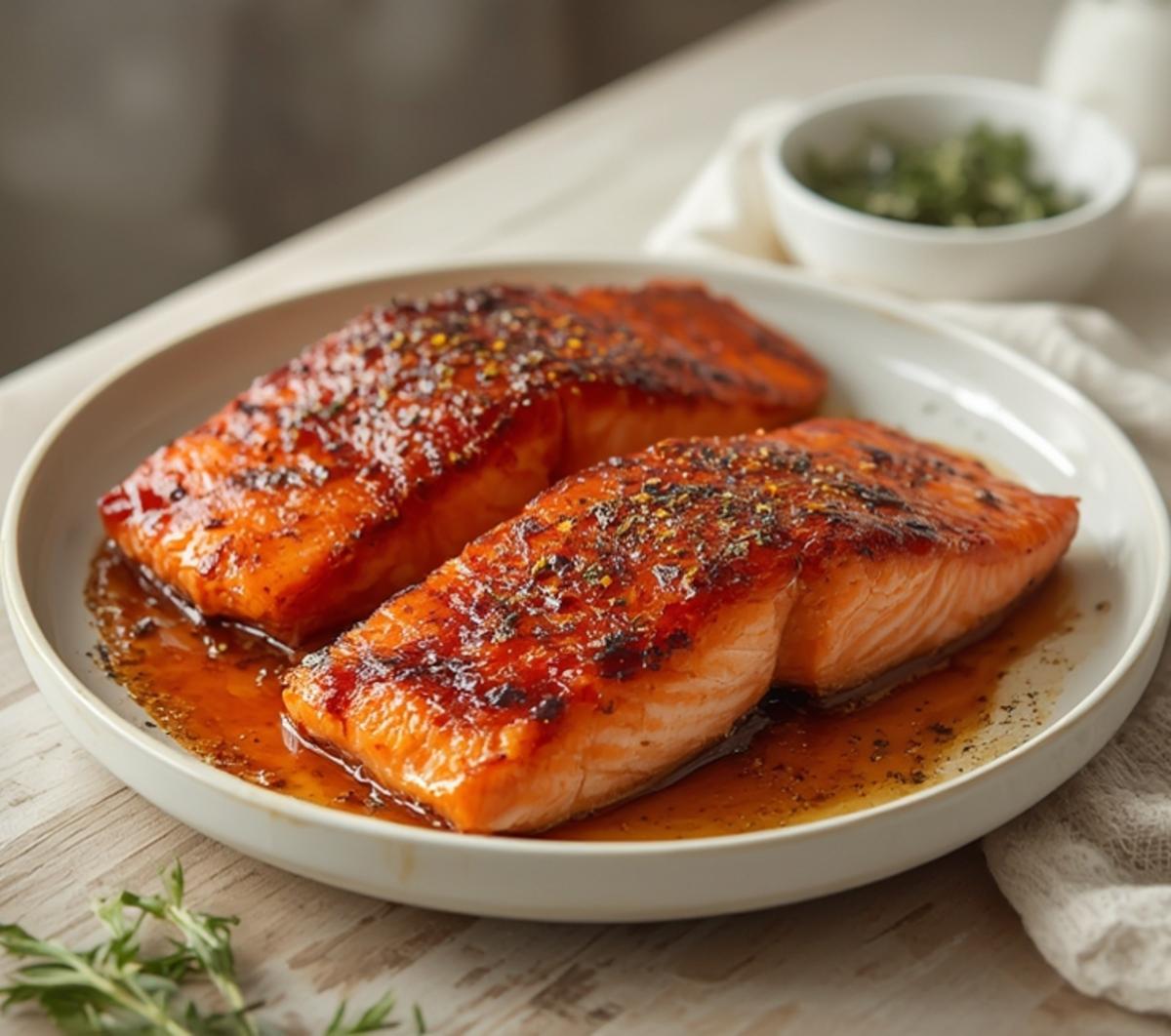 Air Fryer Salmon Teriyaki: Air fryer salmon teriyaki with a glossy, caramelized glaze and flaky interior on a plate.