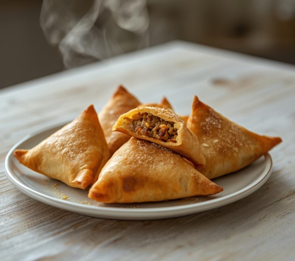 air fryer samosas: Golden crispy air fryer samosas with flaky crusts arranged on a plate, steam rising from the filling.